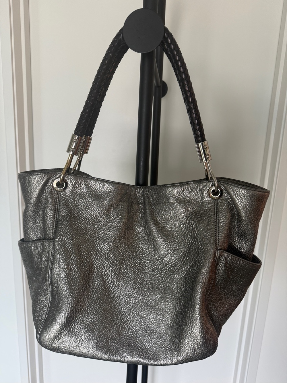 Michael Kors Skorpios Metallic Silver Leather Tote Bag Purse with Braided Handle - Picture 9 of 12